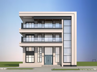Modern Three Story Detached Villa With White Exterior Large Glass Windows And Balconies 3d model