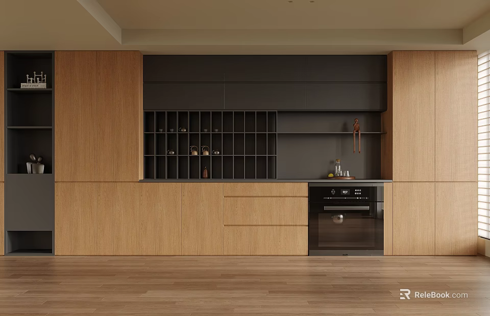 Modern Wooden Sideboard with Open Shelving Black Accents Drawers and Cabinets 3d model 