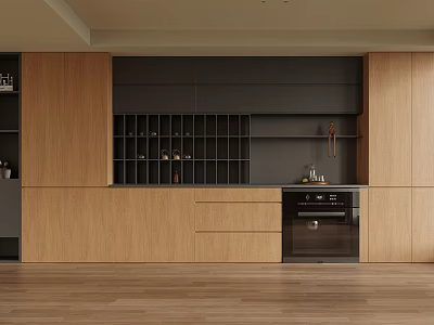 Modern Wooden Sideboard with Open Shelving Black Accents Drawers and Cabinets 3d model