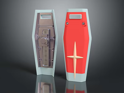 Two Gray And Red Coffins With Cross Design And Metal Structure 3d model