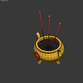 Yellow Ceramic Vessel With Red Incense Sticks And Fu Character Design