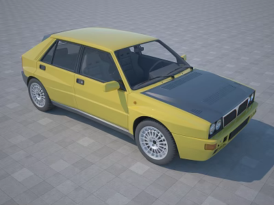 Yellow Classic Sedan Car With Black Hood And Silver Alloy Wheels On Checkered Floor 3d model