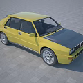 Yellow Classic Sedan Car With Black Hood And Silver Alloy Wheels On Checkered Floor