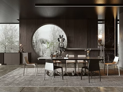 Modern Restaurant Interior Design With Round Window Dark Wood Walls And Dining Table Chairs 3d model