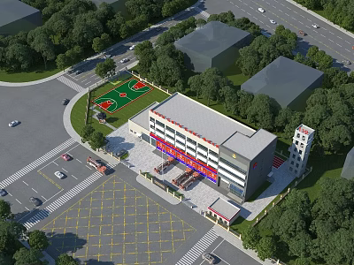 Modern Office Building With Parking Lot Basketball Court And Green Trees Around Road 3d model
