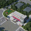 Modern Office Building With Parking Lot Basketball Court And Green Trees Around Road