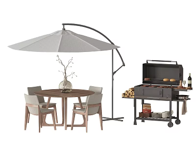 Outdoor Patio Table and Chair Set with Umbrella Grill and Decorative Vase 3d model