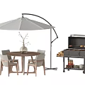 Outdoor Patio Table and Chair Set with Umbrella Grill and Decorative Vase