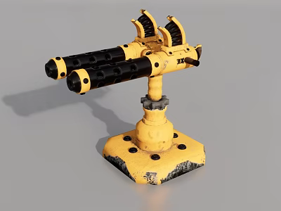 Yellow Dual Barrel Weapon With Black Barrels Mechanical Base And Sturdy Design 3d model