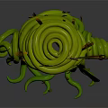Green Coiled Creature With Twisted Tentacles And Orange Protrusions In Stacked Form 3d model