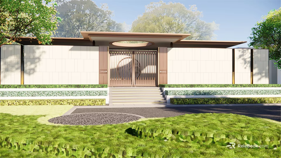 Modern Entrance Gate With Metal Grille Design White Wall Steps And Green Lawn 3d model 