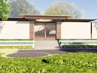 Modern Entrance Gate With Metal Grille Design White Wall Steps And Green Lawn 3d model