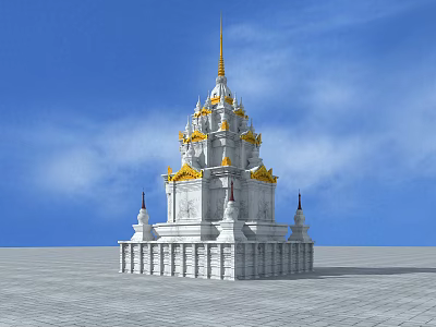 Traditional White Tower With Golden Decorations Spire And Stone Platform Base 3d model