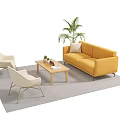Yellow Sofa and Wooden Coffee Table Set with Light Chairs Plant Book on Gray Rug