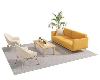 Yellow Sofa and Wooden Coffee Table Set with Light Chairs Plant Book on Gray Rug 3d model