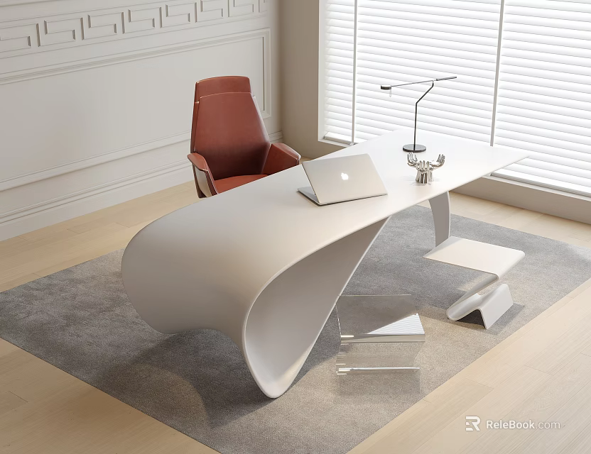 Modern Office Desk With Red Chair Laptop Desk Lamp And Gray Rug On Wooden Floor 3d model 