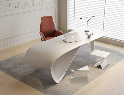 Modern Office Desk With Red Chair Laptop Desk Lamp And Gray Rug On Wooden Floor 3d model