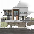 Modern Two Story Single Family House With Concrete Exterior Large Windows And White Car