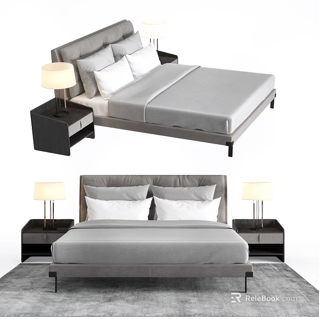 Modern Double Bed With Gray Frame White Pillows Nightstands And Table Lamps 3d model