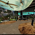 Interactive Museum Exhibit Area With Hanging Pterosaur Models Dinosaur Murals And Soft Lighting 3d model