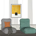 Gray and Green Bean Bag Chairs with Orange Cushion and Checkered Blanket in Modern Room