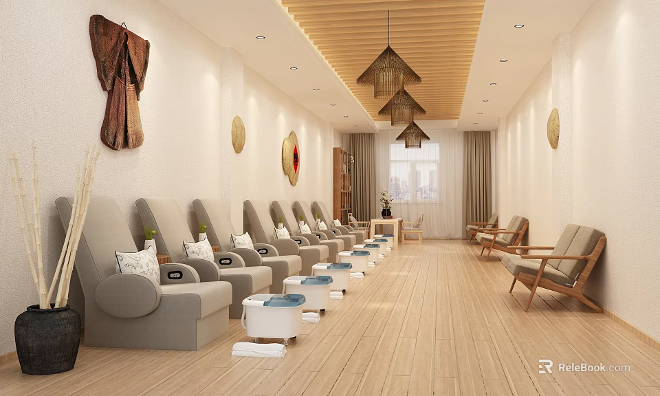 Hotel Mahjong Room with Comfortable Chairs Chess Tables and Decorative Wall Art 3d model 
