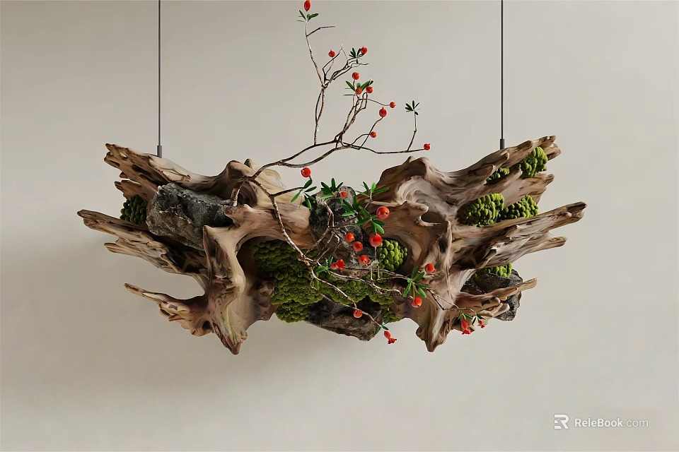 Wooden Stone Hanging Decoration With Natural Moss Red Berries And Branch 3d model 