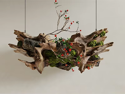Wooden Stone Hanging Decoration With Natural Moss Red Berries And Branch 3d model