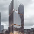 Modern High Rise Office Building With Glass Curtain Wall Geometric Structure In Urban Overcast Sky