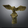 Detailed Golden Owl Sculpture With Spread Wings Standing On Tree Stump Base
