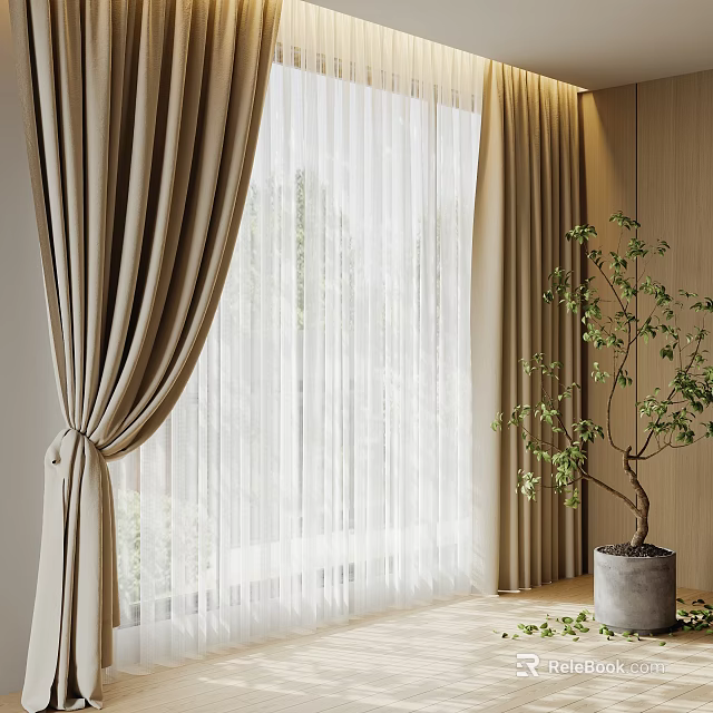Beige Thick Curtain With White Sheer Layer And Green Plant In Modern Indoor Space 3d model 