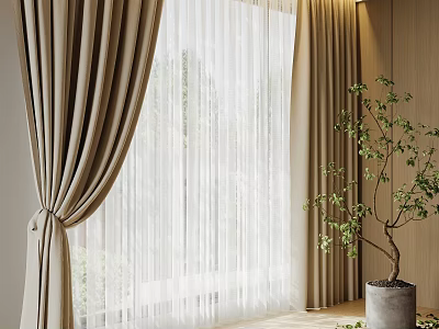 Beige Thick Curtain With White Sheer Layer And Green Plant In Modern Indoor Space 3d model