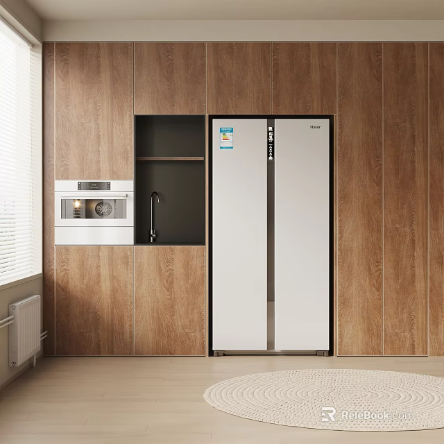 Modern Kitchen Cabinets With Wooden Wall White Refrigerator And Built In Microwave 3d model 