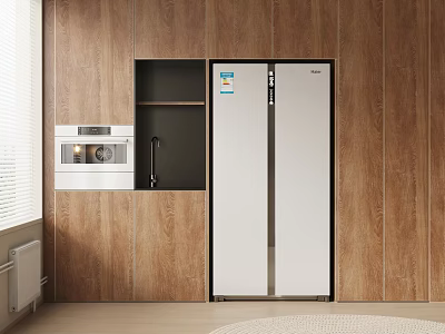 Modern Kitchen Cabinets With Wooden Wall White Refrigerator And Built In Microwave 3d model