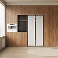 Modern Kitchen Cabinets With Wooden Wall White Refrigerator And Built In Microwave