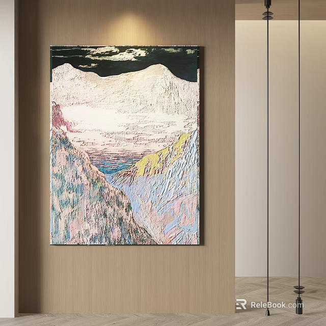 Abstract Painting Featuring Mountain Silhouettes Textured Brushstrokes Pastel Pink Blue Yellow Hues Dark Upper Section 3d model 