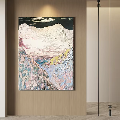 Abstract Painting Featuring Mountain Silhouettes Textured Brushstrokes Pastel Pink Blue Yellow Hues Dark Upper Section 3d model
