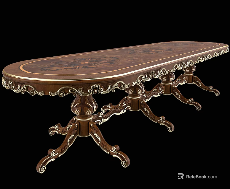 Elegant Carved Wooden Dining Table With Oval Top Ornate Details And Intricate Leg Design 3d model 