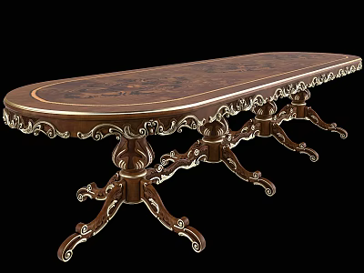 Elegant Carved Wooden Dining Table With Oval Top Ornate Details And Intricate Leg Design 3d model