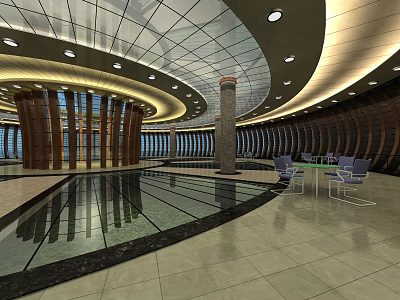 Modern Hotel Lobby With Circular Ceiling Recessed Lights Glass Floor And Seating Area 3d model