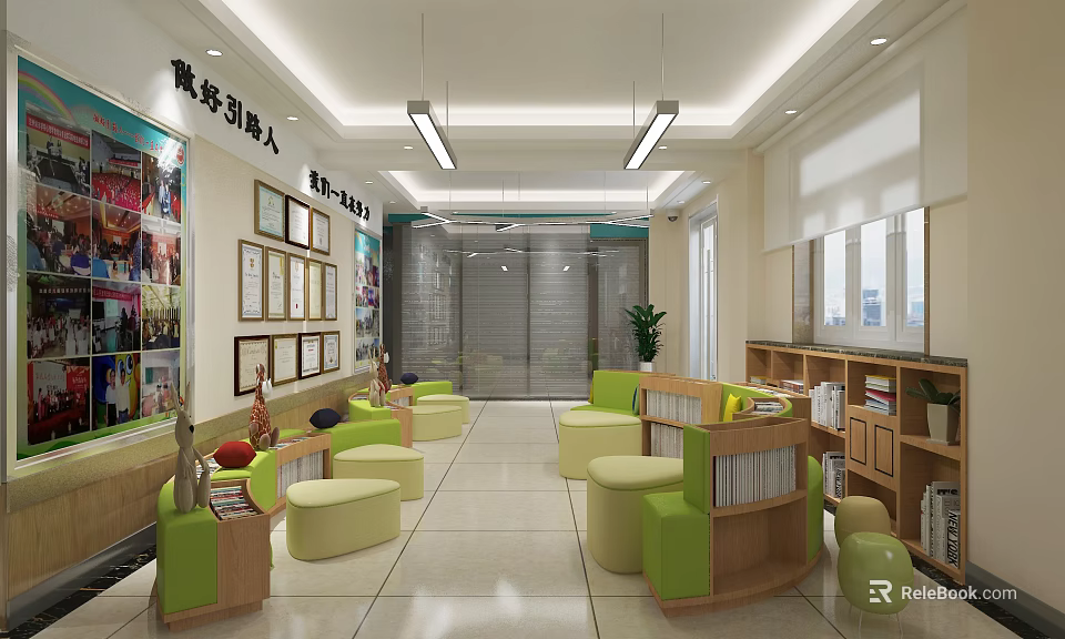 School Activity Hall Interior With Green Beige Sofas Bookshelves Photos Posters And Plants 3d model 