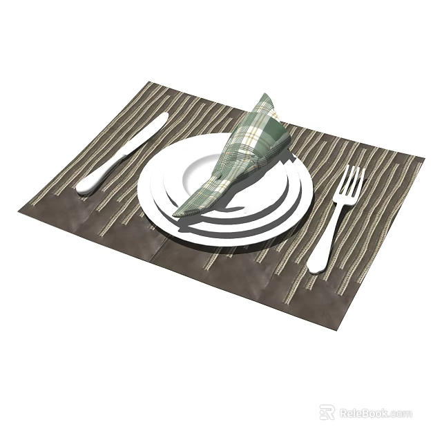 Modern Dinnerware Set with White Plates Green Plaid Napkin Knife Fork on Brown Striped Placemat 3d model 