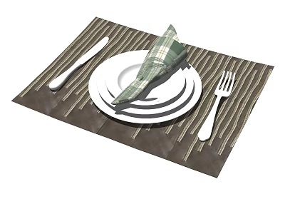 Modern Dinnerware Set with White Plates Green Plaid Napkin Knife Fork on Brown Striped Placemat 3d model