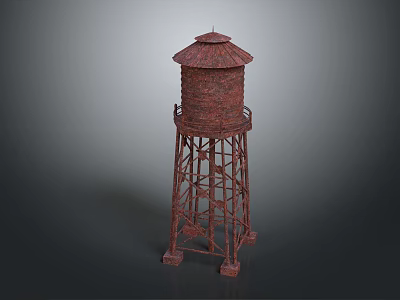 Red Brick Water Tower With Conical Roof And Metal Support Structure 3d model