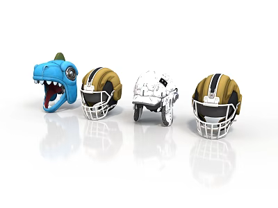 Colorful Dinosaur Shaped And Football Helmets Display In Blue Gold White Black 3d model