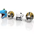 Colorful Dinosaur Shaped And Football Helmets Display In Blue Gold White Black