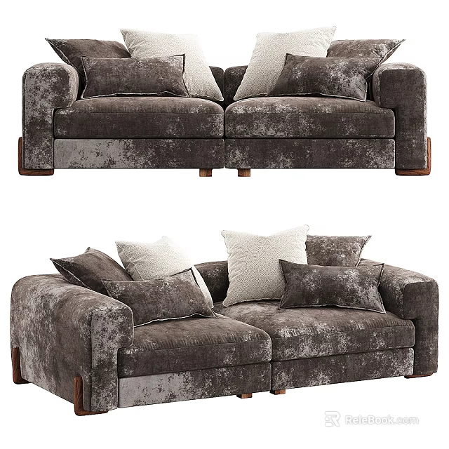 Dark Gray Textured Fabric Sectional Sofa With Multiple Gray And Beige Pillows And Wooden Legs 3d model 