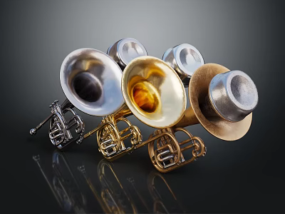 Vibrant Musical Instrument Art Tools Featuring Brass Silver Copper Horn Mouthpieces And Colorful Finishes 3d model