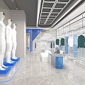 Modern Clothing Store Interior With Blue White Decor Display Shelves And Reception Counter