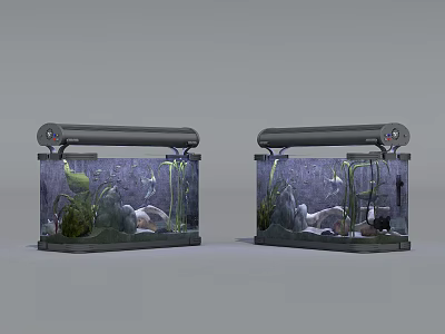 Aquatic Animals In Two Fish Tanks With Aquatic Plants And Decorations 3d model